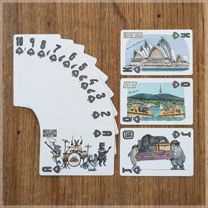Hand Illustrated playing cards showing the suit of spades. The cards show an animal rock band touring Australia.