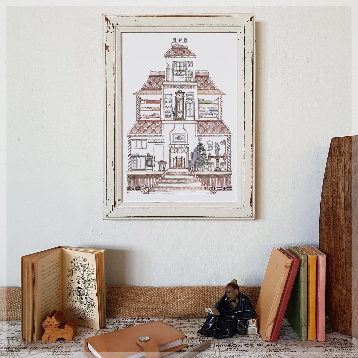 Gingerbread House with 10 Hidden Cats - A4 Art Print