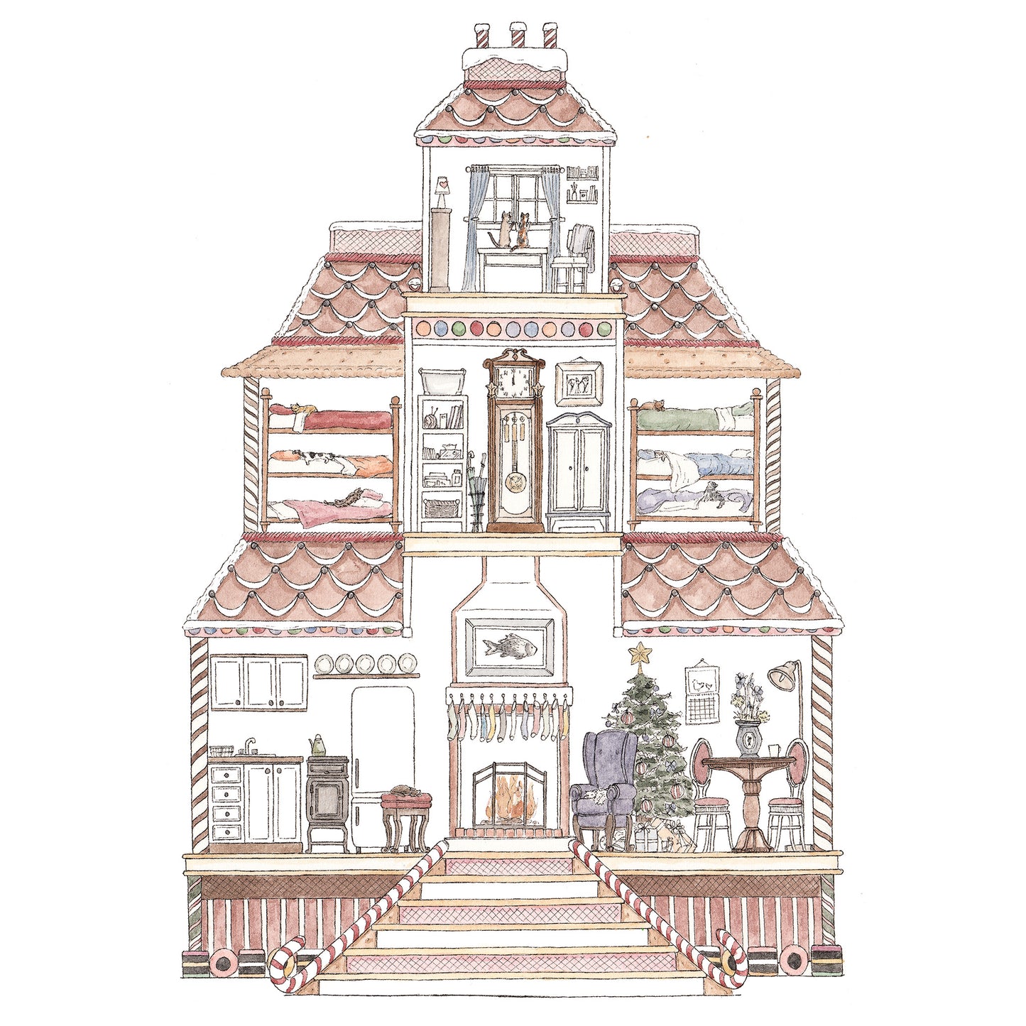 Gingerbread House with 10 Hidden Cats - A4 Art Print