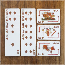 Hand Illustrated Steampunk playing cards showing the suit of diamonds. The picture cards show the engine room, cockpit and the full ship. 