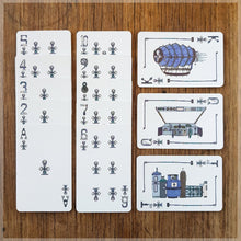 Hand Illustrated Steampunk playing cards showing the suit of clubs. The picture cards show the engine room, cockpit and the full ship.
