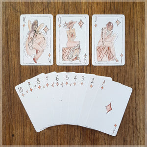 Hand Illustrated vogue fashion playing cards showing the suit of diamonds.  
